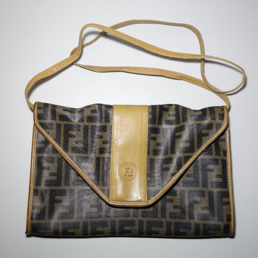 Vtg 1980’s Fendi FF Zucca Coated Canvas & Leather Monogram Envelope Clutch Bag